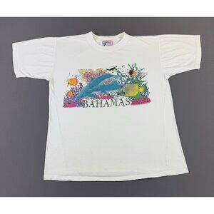 Vintage 90s Tropic Traders Bahamas Beach Sea Fish Nature Earth Art Large White T